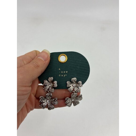 A New Day Silver Floral Drop Earrings Crystal Accent - Picture 3 of 5